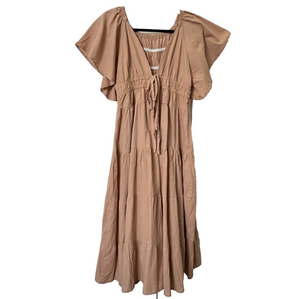 Vintage Maxi Dress Womens Handmade Flutter‎ Sleeve Prairie Milkmaid Tiered